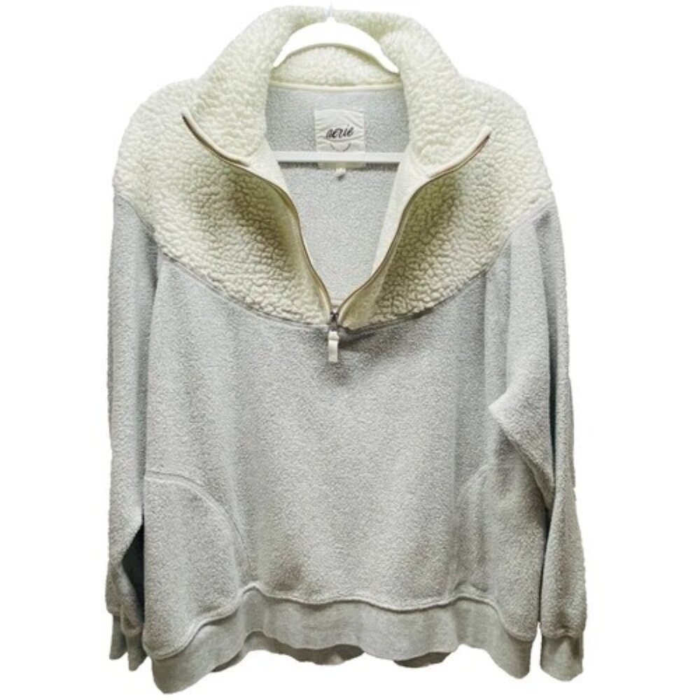 Aerie Hometown Holiday Quarter Zip Women's Medium Fleece Sweatshirt Grey White